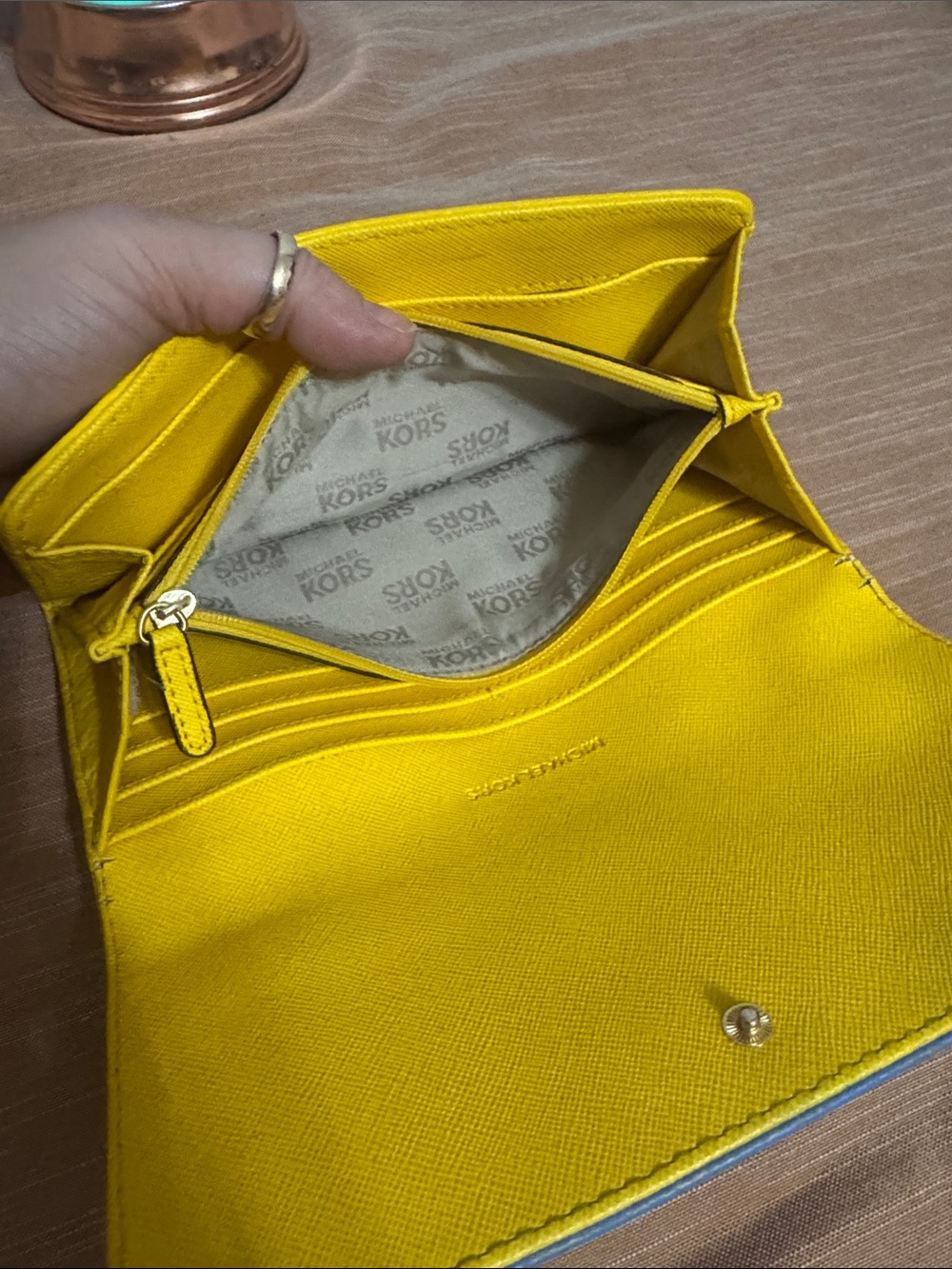 Michael Kors Blue and Yellow Pebbled Leather Flap Wallet with Gold Logo - Picture 8 of 17